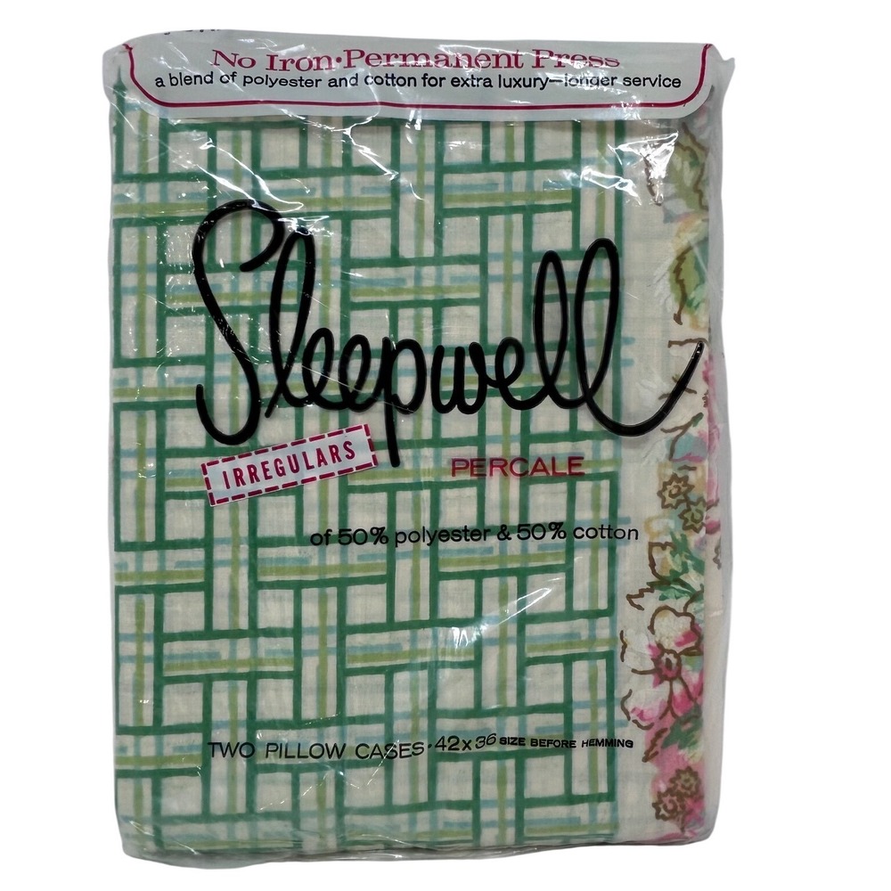 Vintage Sleepwell Percale Pillowcases Set of 2 Green Geometric Floral 42x36 NEW